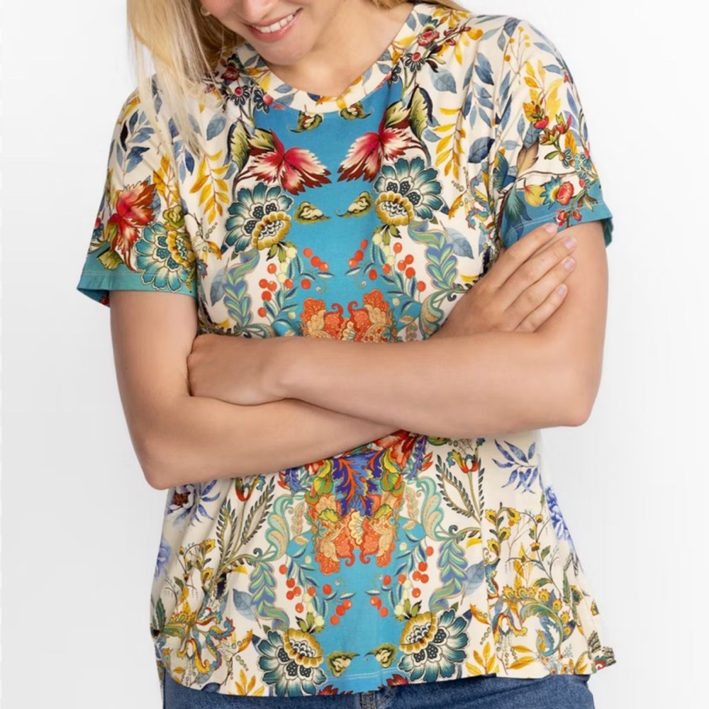 Johnny Was Teal Floral Short-Sleeve Blouse